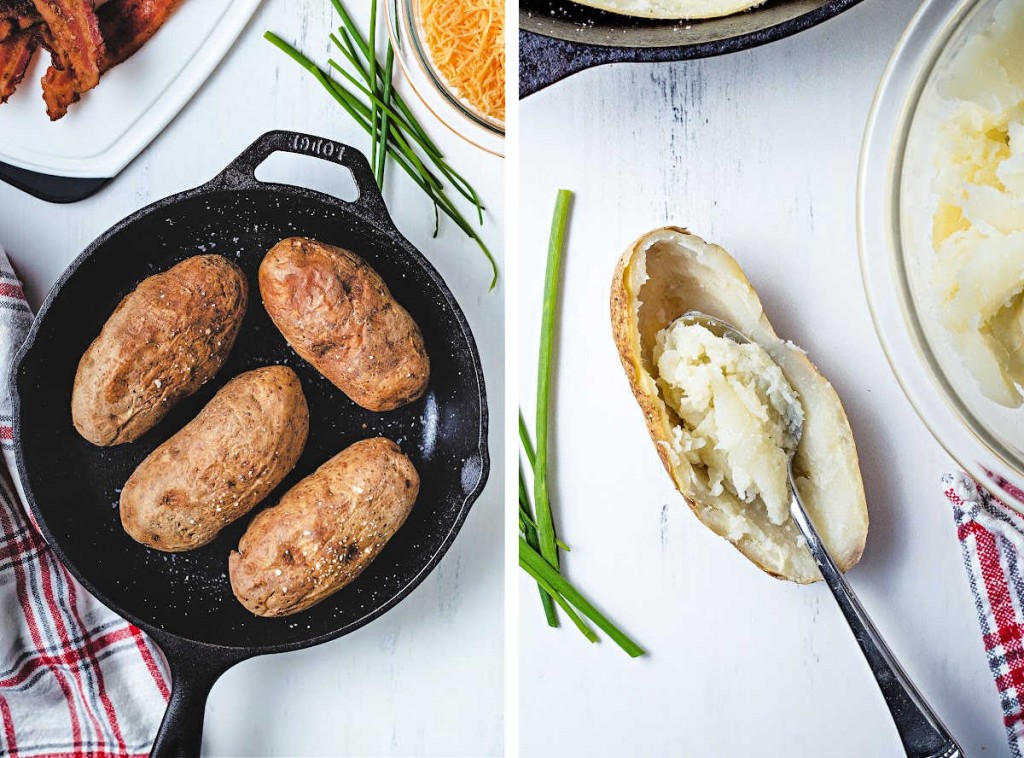 a cast iron skillet with 4 baked potatoes inside; a halved baked potato with a spoon scooping out the pulp.
