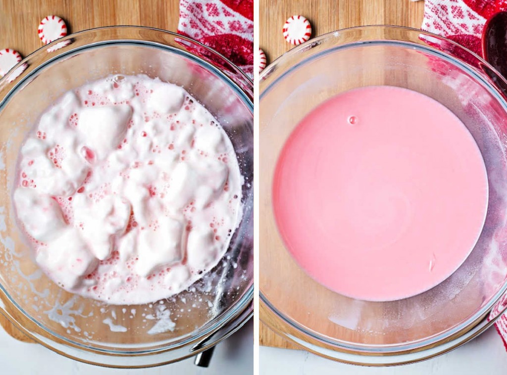 partially melted marshmallows and peppermint candies in a glass bowl; after stirring, smooth pink peppermint syrup.