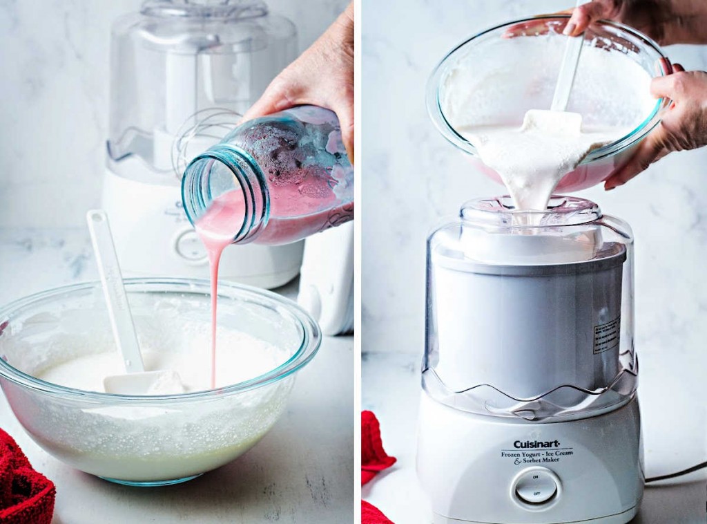 process steps for making ice cream base: pour peppermint syrup into bowl with whipped cream and half and half; pour mixture into ice cream maker.