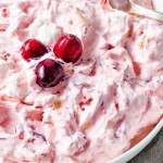a bowl of cranberry fluff with cranberries garnishing the top.