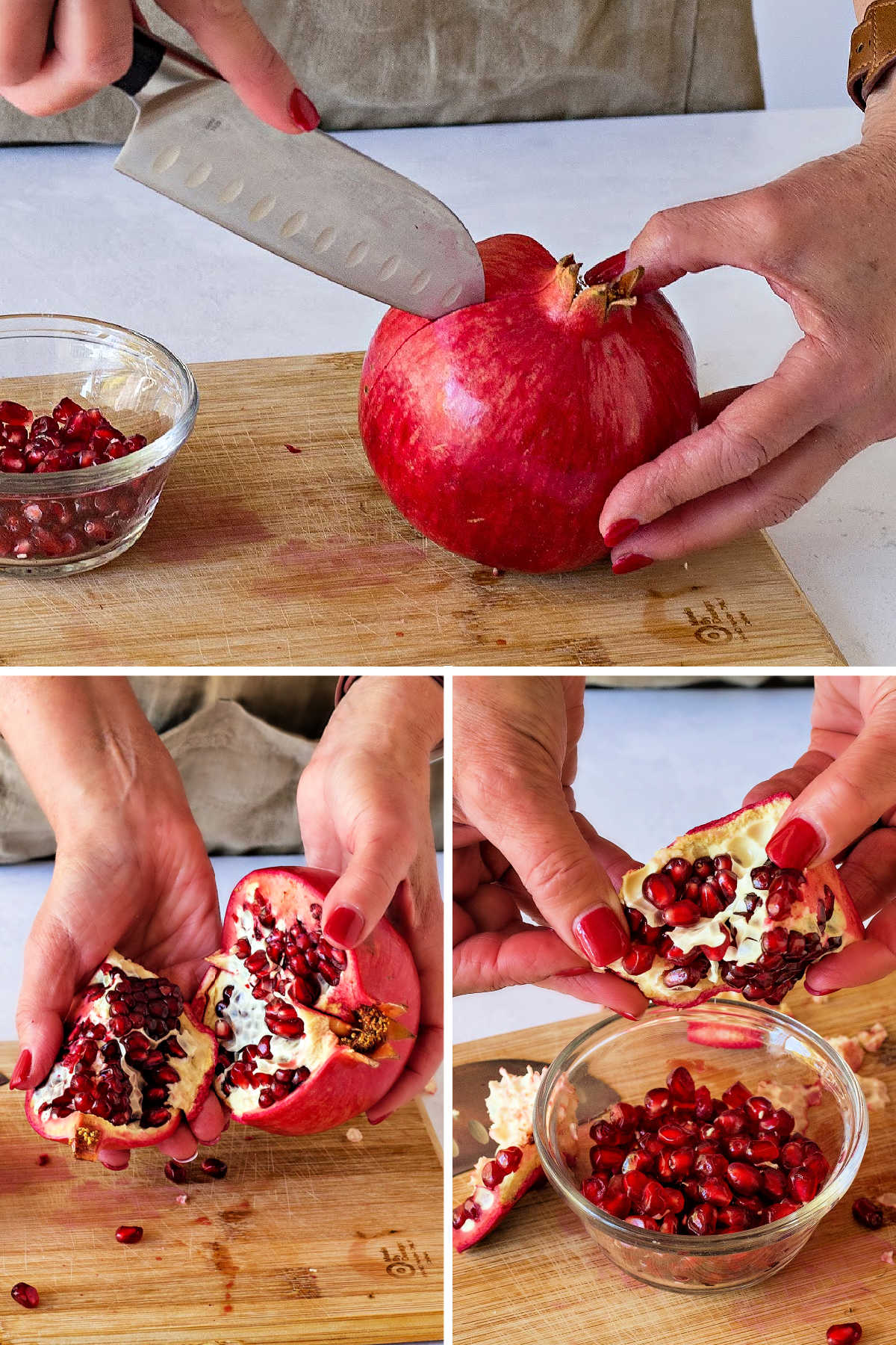 a process collage for removing the arils from a pomegranate: slicing the pomegranate; pulling a wedge away from the fruit; using fingers to loosen the arils.