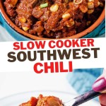 a spoonful of slow cooker southwest chili being lifted out of a bowl.