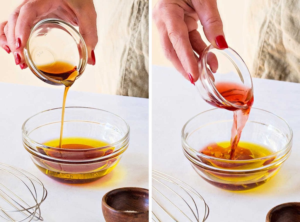 pouring maple syrup into a bowl to make vinaigrette for Christmas salad.