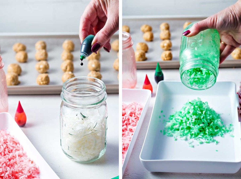 adding drops of green food coloring to coconut in a mason jar.