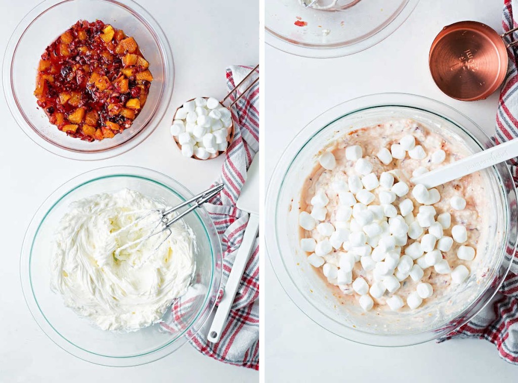 cranberry fluff prep collage: whip cream cheese with heavy cream; fold in cranberry mixture and mini marshmallows.