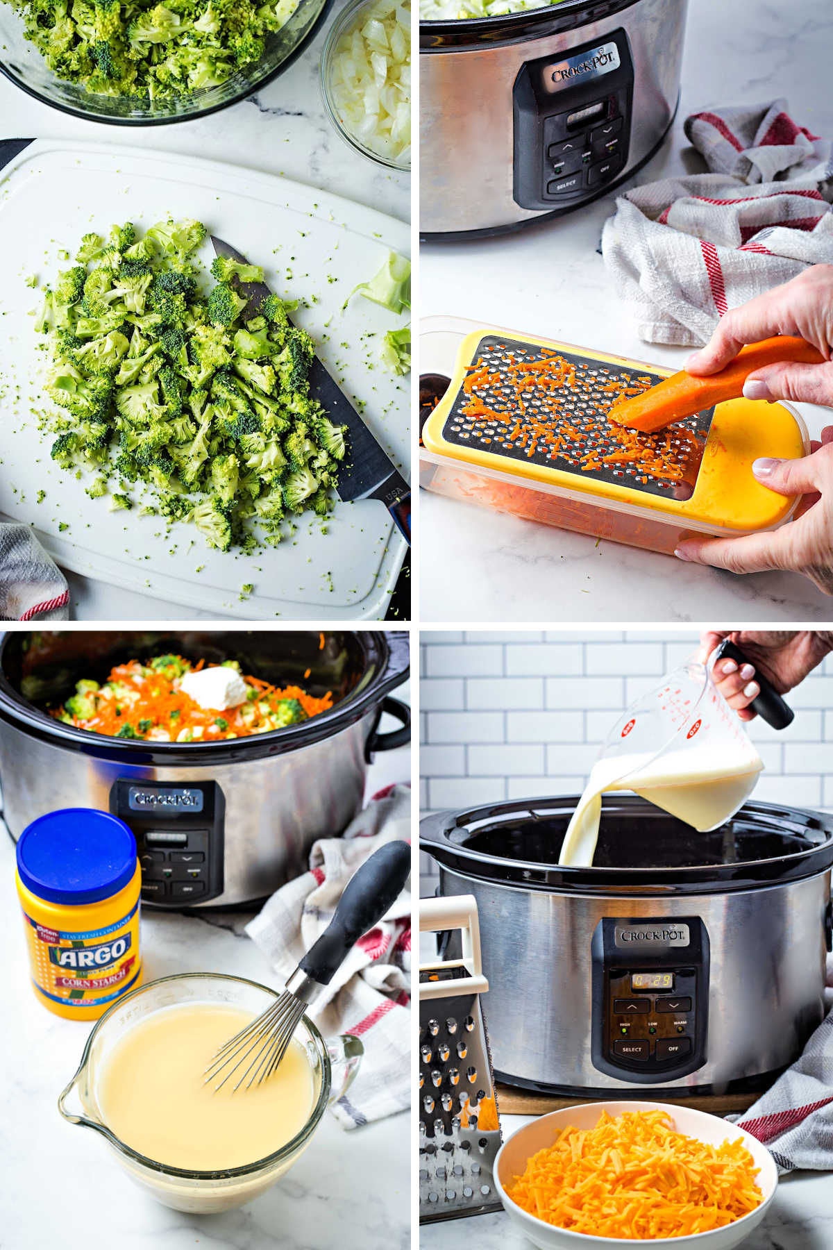 process steps for making crockpot broccoli cheddar soup: chop broccoli; grate carrot; whisk cornstarch into chicken broth; add milk and shredded cheddar cheese.