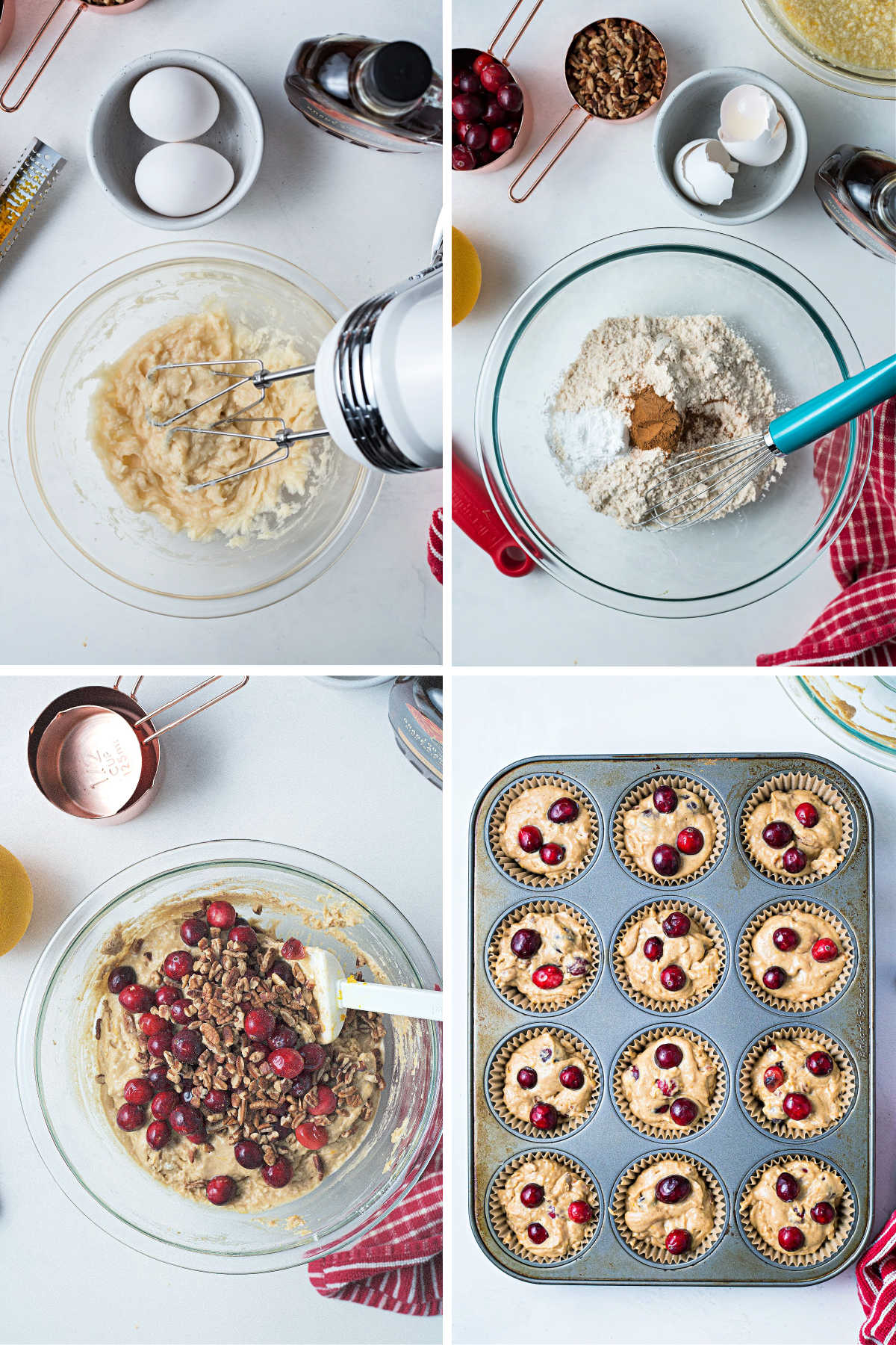 process steps for making orange cranberry muffins: cream coconut oil and maple syrup together; whisk together dry ingredients; fold in cranberries and nuts; portion into muffin cups.
