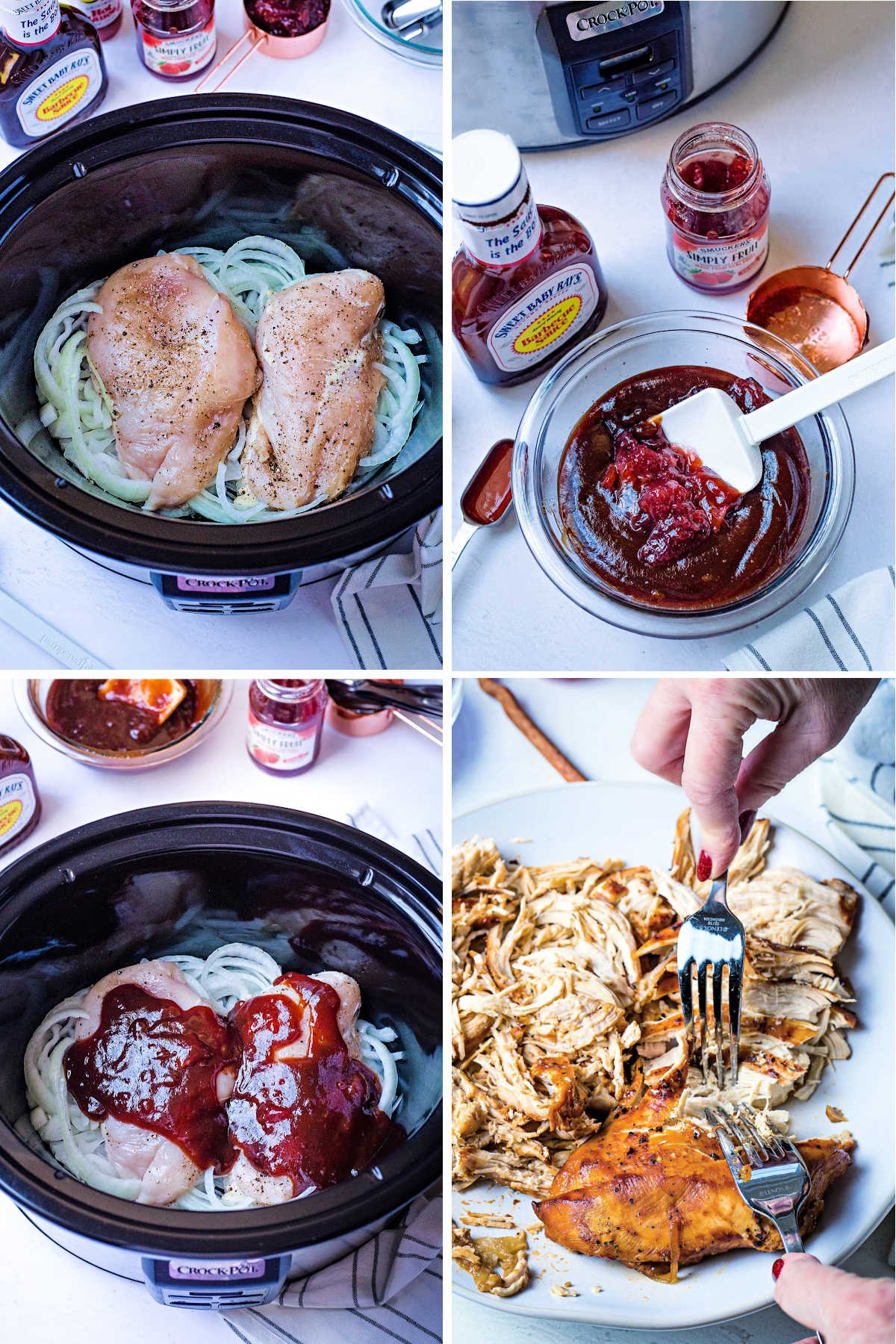 process steps for making slow cooker pulled chicken: layer onions and chicken in crock pot; mix together sauce; pour over chicken; shred cooked chicken with two forks.