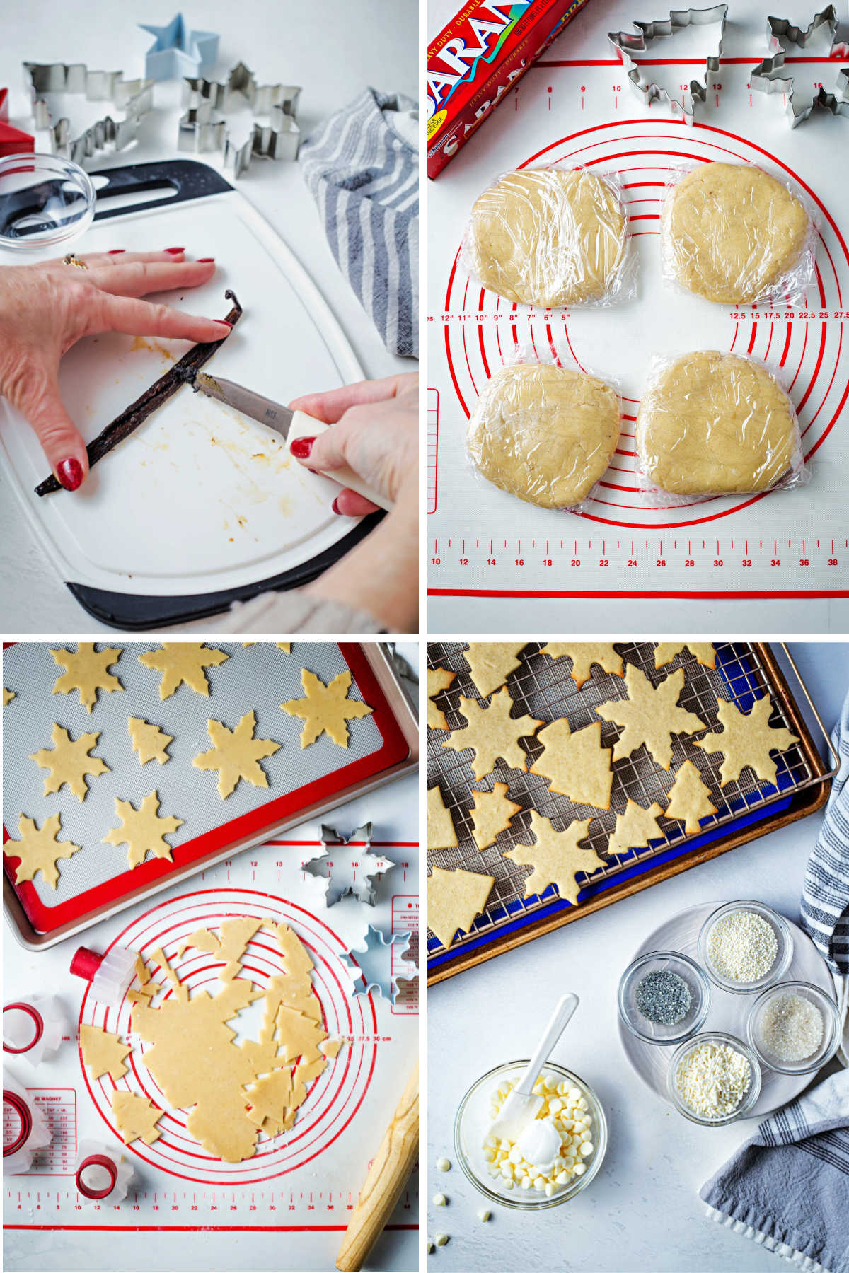 process steps for making vanilla cookies: remove seeds from vanilla bean; wrap discs of dough in plastic wrap; roll out dough and cut out; melt white chocolate chips for icing.