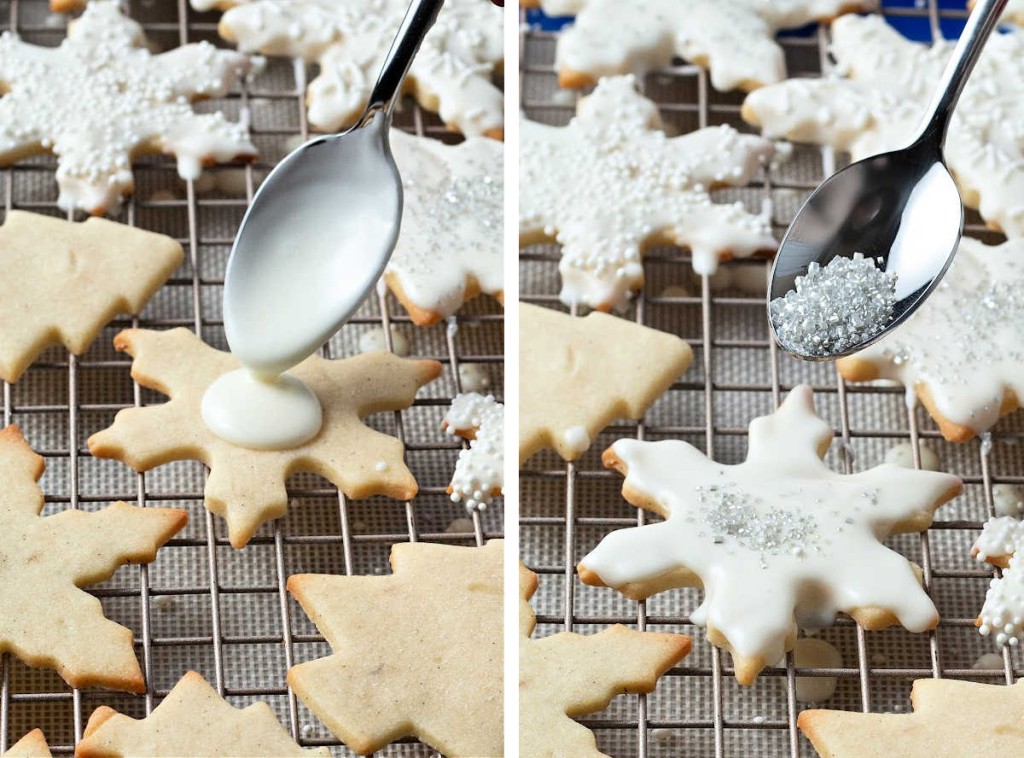 drizzling white chocolate from a spoon on top of vanilla cookies; sprinkling edible glitter on top of the melted chocolate.