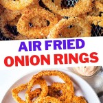 air fried onion rings in the basket of an air fryer.