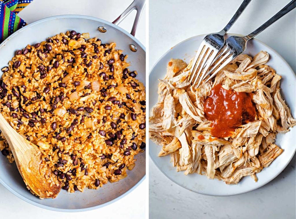 a skillet with rice and beans and a plate of shredded chicken for chicken burrito bowls.