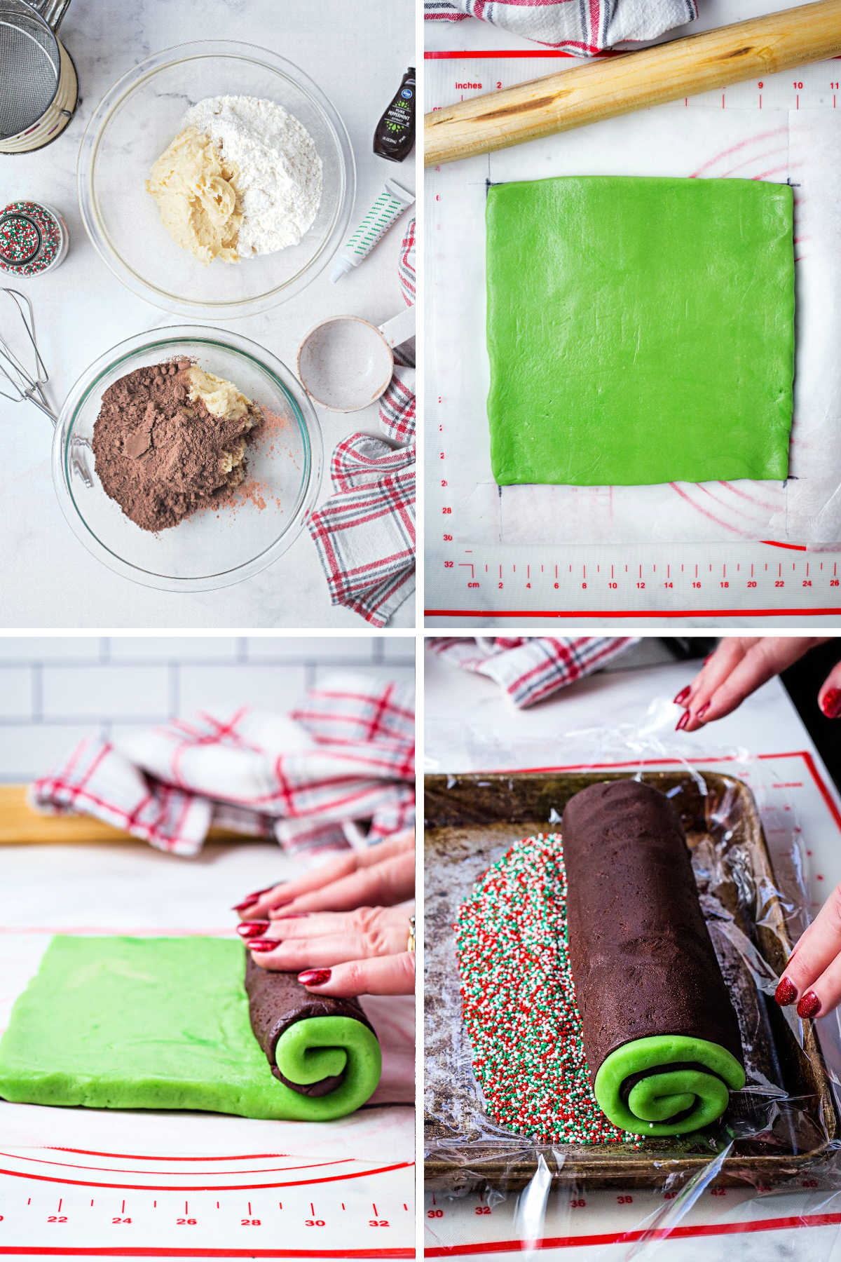 process steps for making dough for chocolate mint pinwheels; divide dough in half; roll each into a square; stack mint layer on top of the chocolate layer; roll up like a jellyroll.