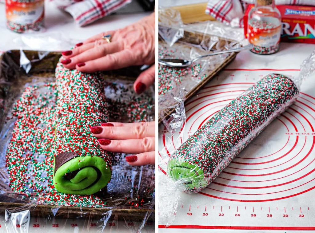 rolling chocolate and green mint dough up jellyroll fashion in a pan of sprinkles.