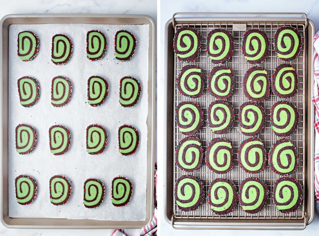 chocolate mint pinwheel cookie dough sliced and placed on a baking sheet; then, cookies cooling on a wire rack.