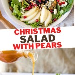 pouring cranberry maple vinaigrette over a bowl of salad greens with pears and pistachios.