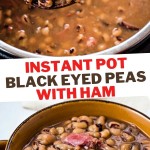 a wooden spoon lifting out black eyed peas from an instant pot.