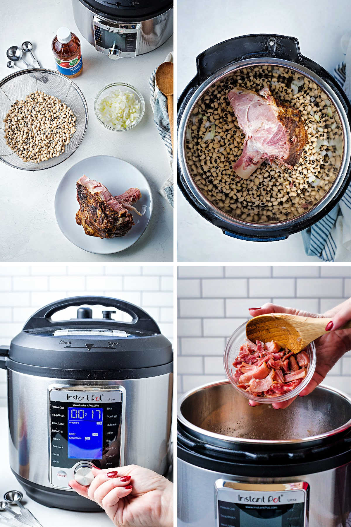process steps for making instant pot black eyed peas: layer ingredients in pot; set time and pressure; add ham chunks at the end of cooking.