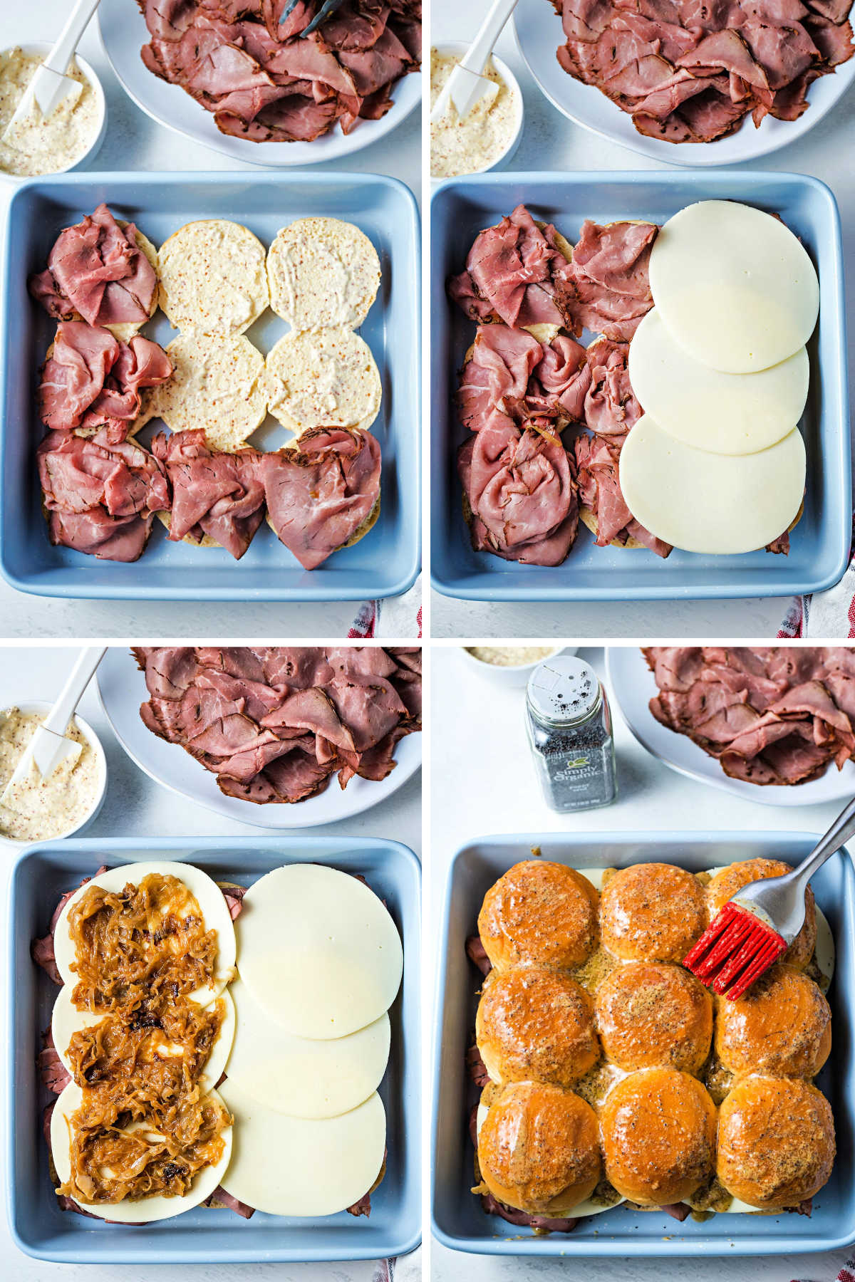 process steps for making roast beef sliders: spread aioli on buns, layer roast beef; layer cheese; layer onions; spread butter sauce on top buns.
