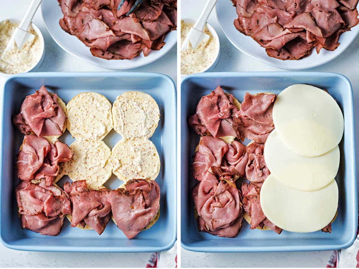 Layering aioli and roast beef on slider buns in a pan.