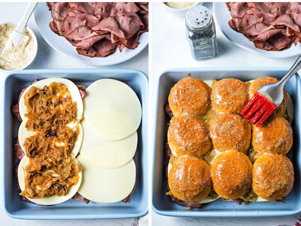 Layering cheese on top of roast beef on slider buns, then brushing the tops with butter sauce before baking.