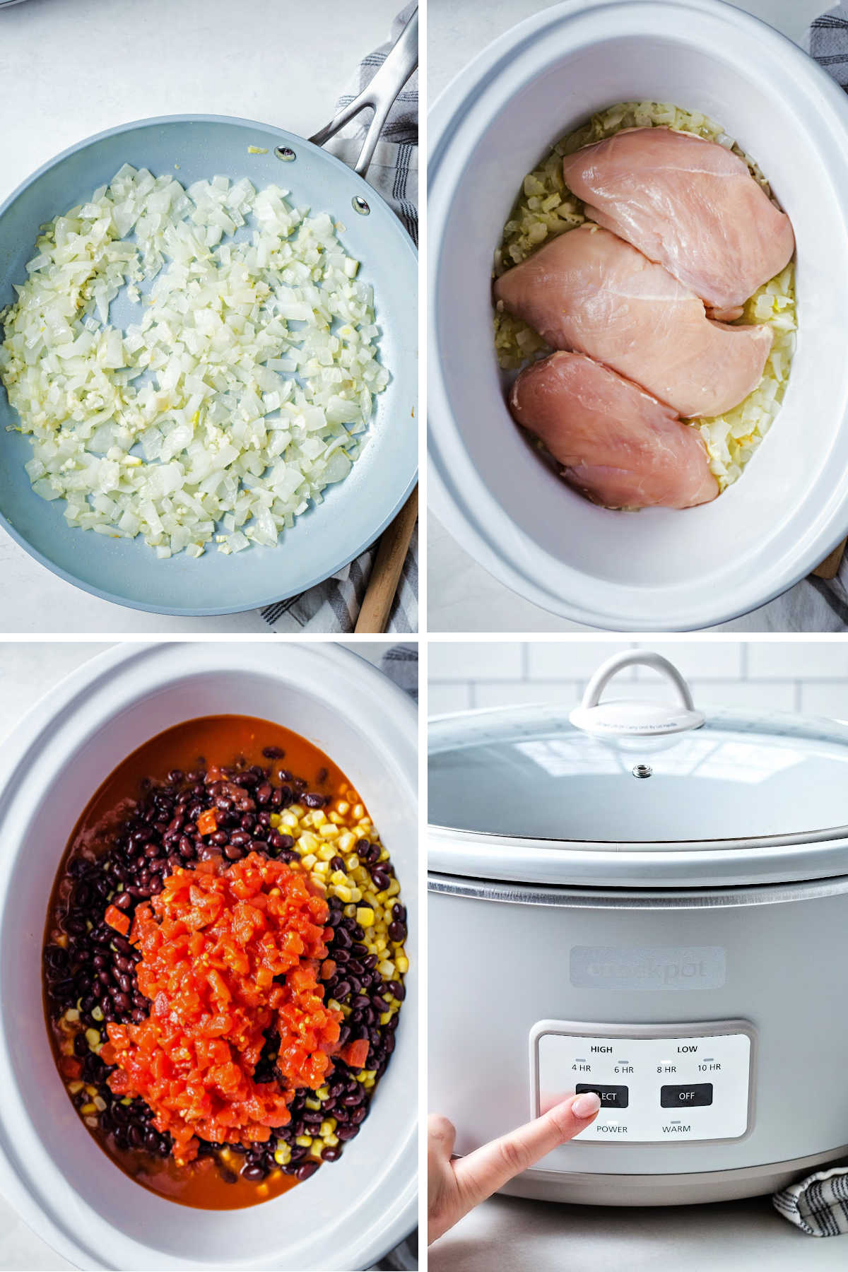 process steps for making slow cooker chicken enchilada soup: saute onions and garlic; place onions and chicken breast in slow cooker; add other ingredients; set cook time.