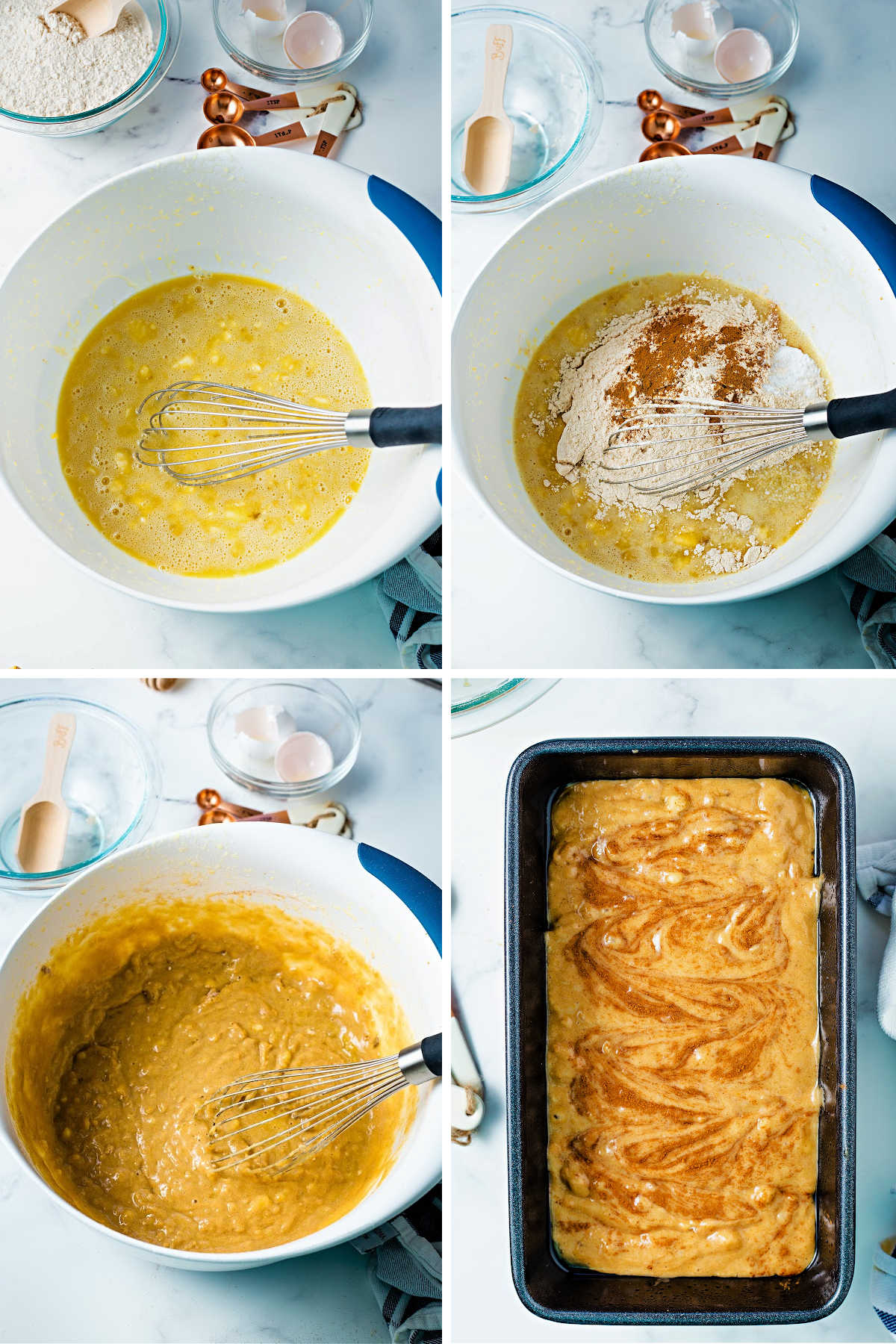 process steps for making batter for whole wheat banana bread: mix wet ingredients; add flour and spices; mix until incorporated; spread batter in loaf pan.