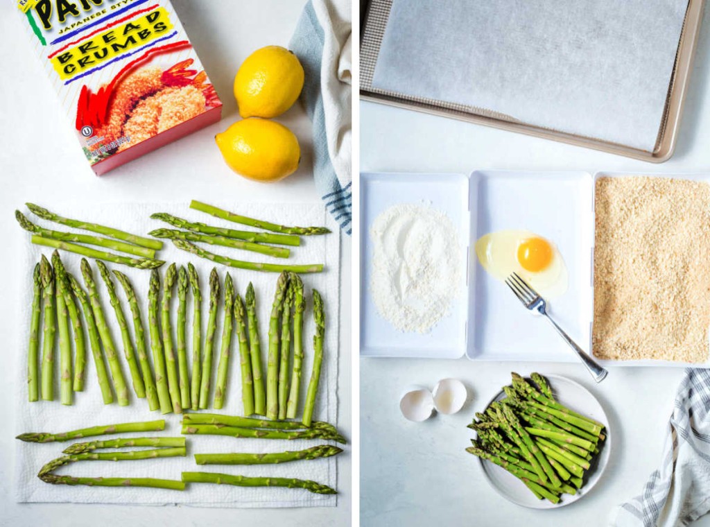 process for prepping asparagus for veggie fries: rinse and dry asparagus on paper towel; set up breading station with shallow dishes.