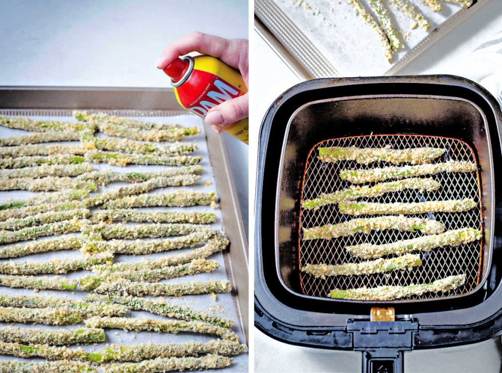 breaded asparagus spears on a baking sheet being sprayed with cooking spray and breaded asparagus in an air fryer basket.