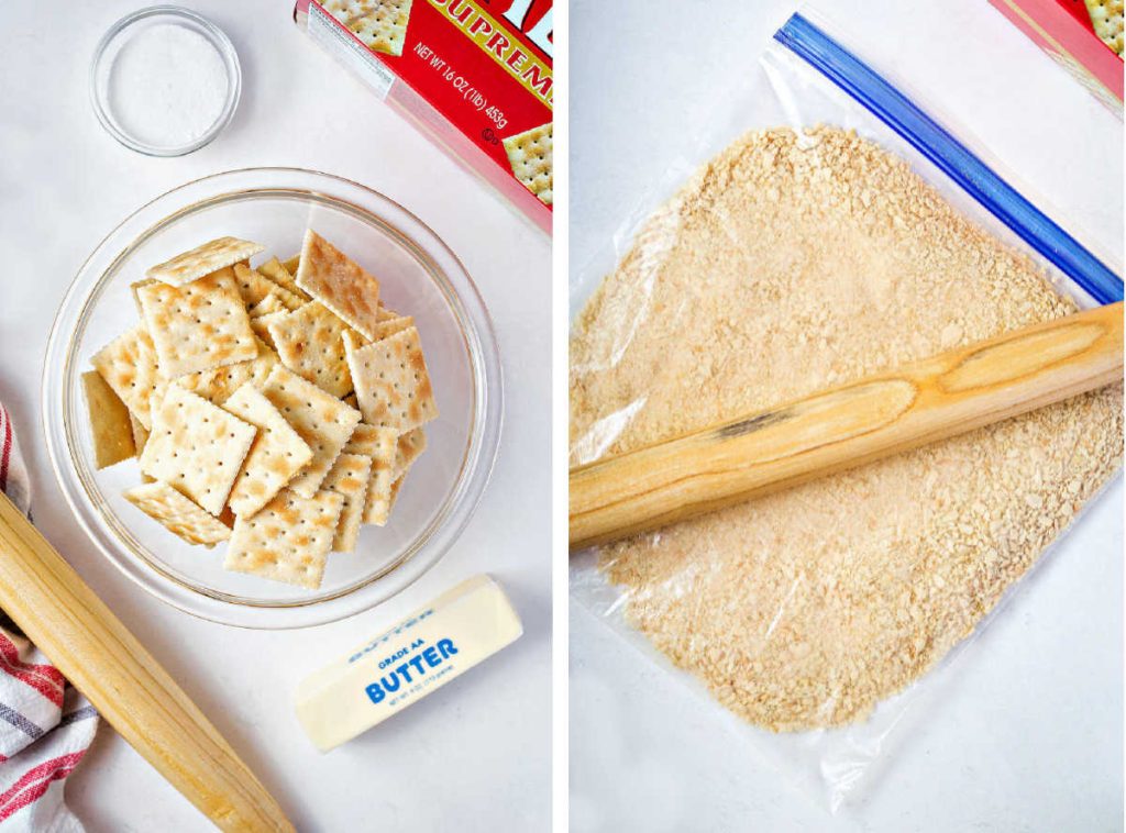 ingredients for making a saltine cracker crust on a table.