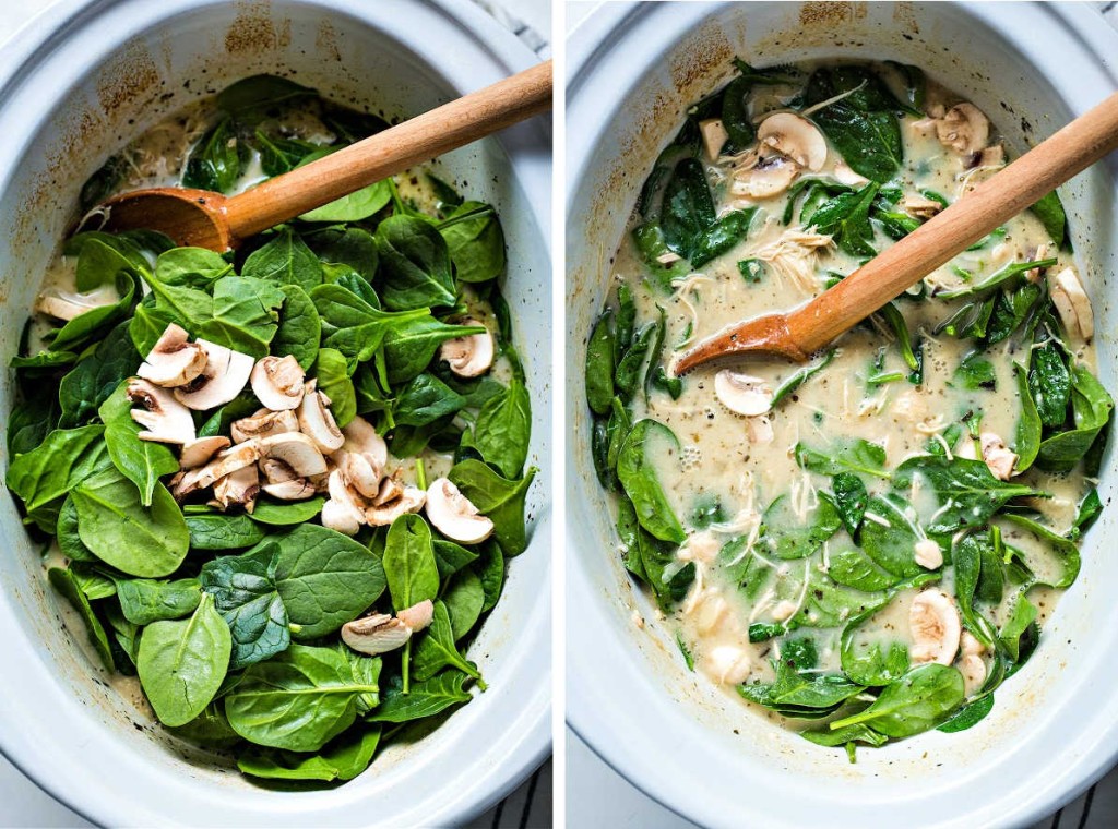 adding fresh spinach and sliced mushrooms to a slow cooker for making chicken florentine soup.