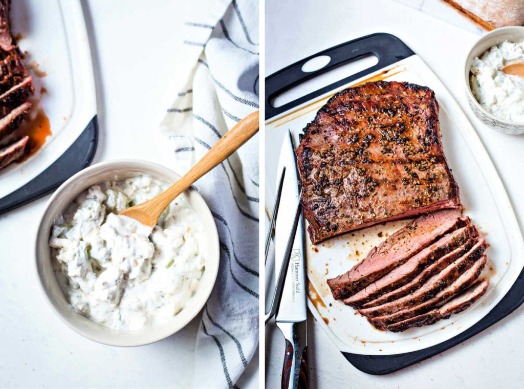 a bowl of cucumber spread; a flank steak on a cutting board with slices to the side.
