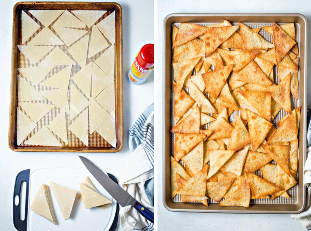 process shot for making pasta chips using wonton wrappers: cut wrappers diagonally, bake on a cookie sheet.