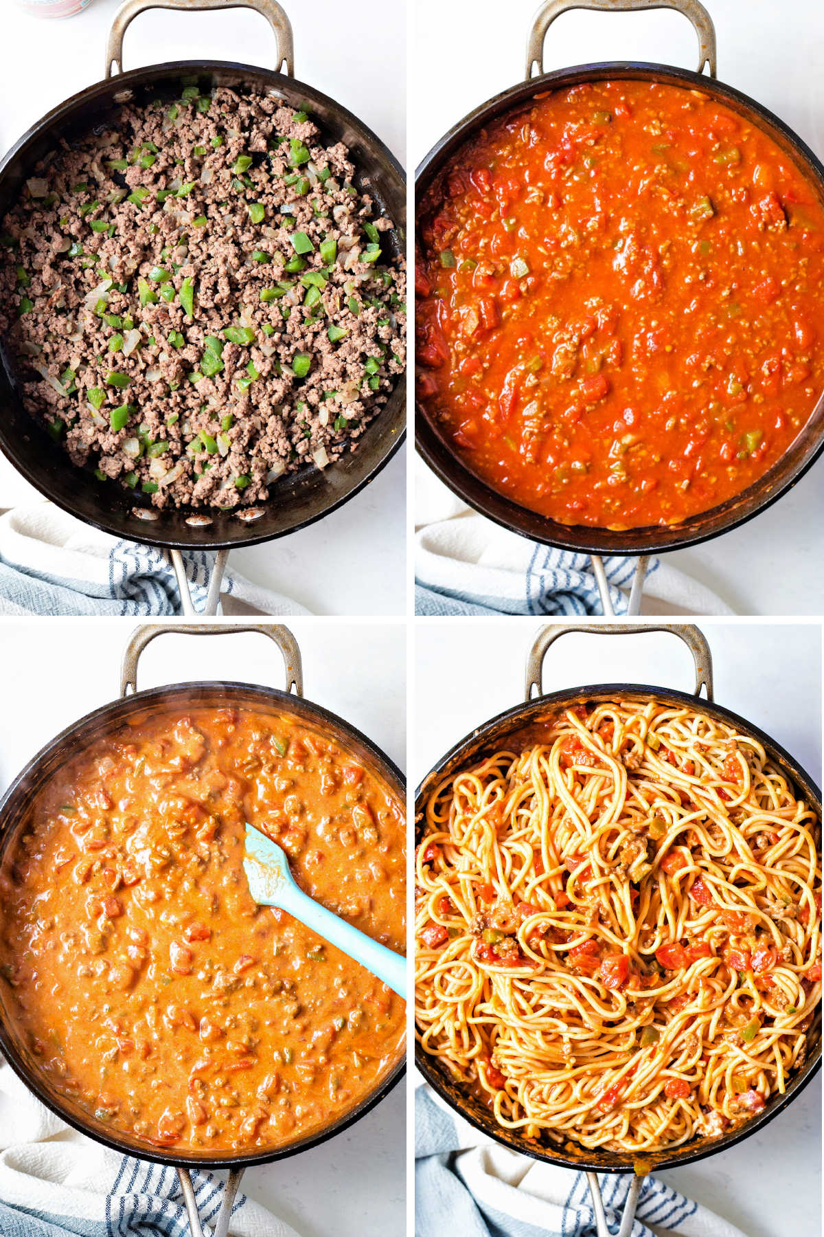 process steps for preparing Mexican spaghetti: brown ground beef in a skillet; add spices and tomatoes; stir in cream cheese; mix in cooked spaghetti noodles.
