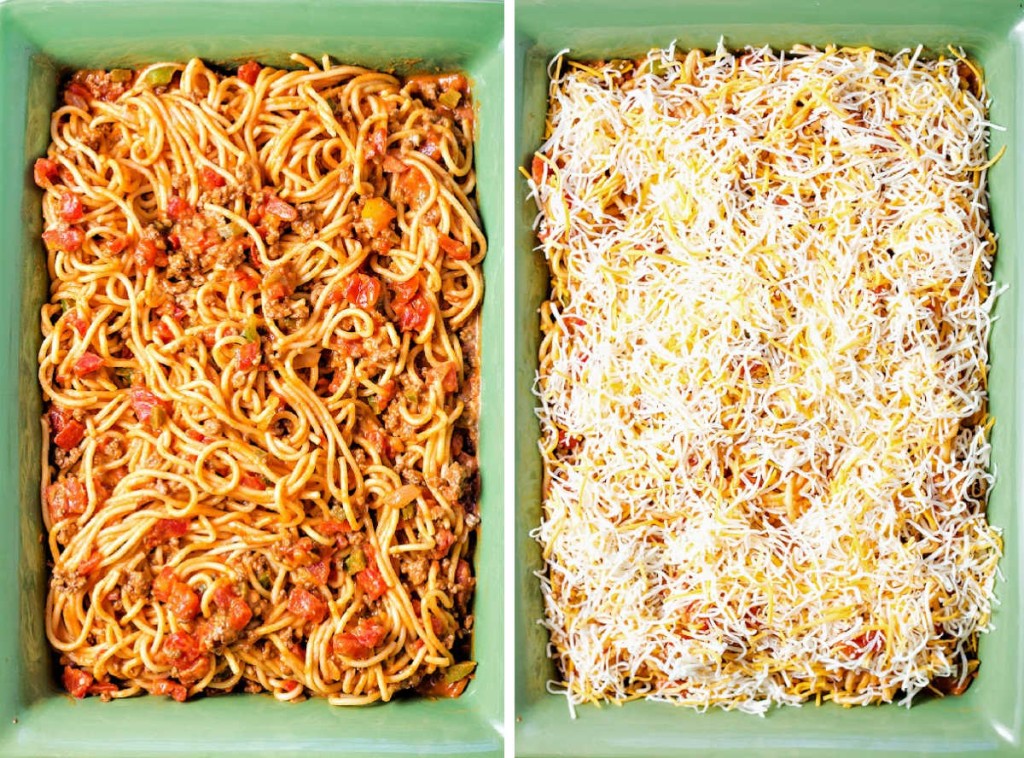 Process for baking Mexican spaghetti: layer in casserole dish and top with shredded cheese.