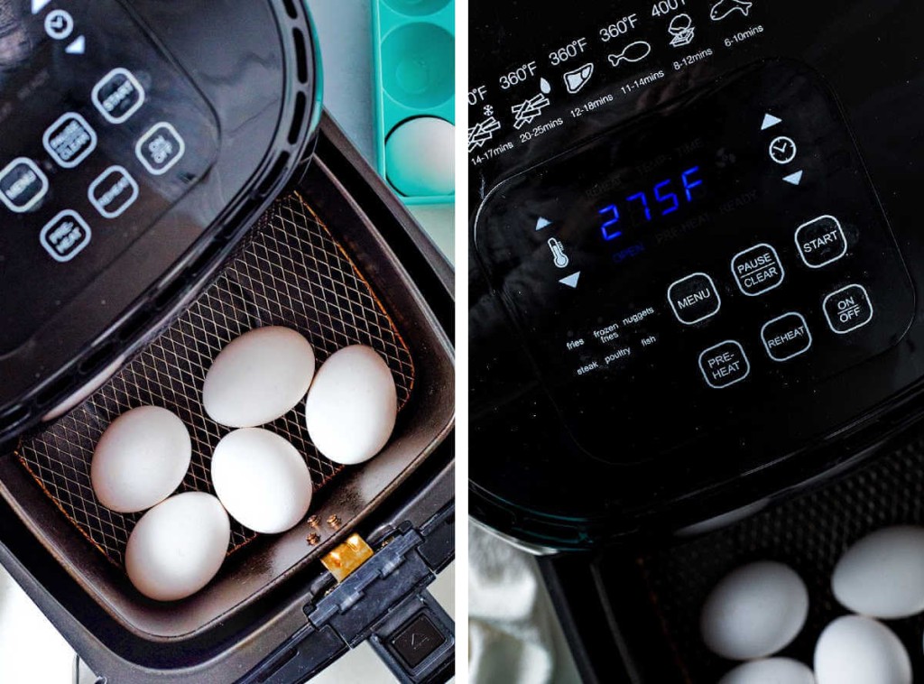 5 eggs in the basket of an air fryer and a close up shot showing the temperature setting.