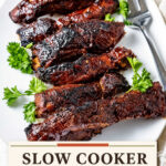 Single-image poster of slow cooker country style ribs glazed in rich caramel-brown barbecue sauce, styled in warm terracotta, deep espresso, olive, and cream tones.