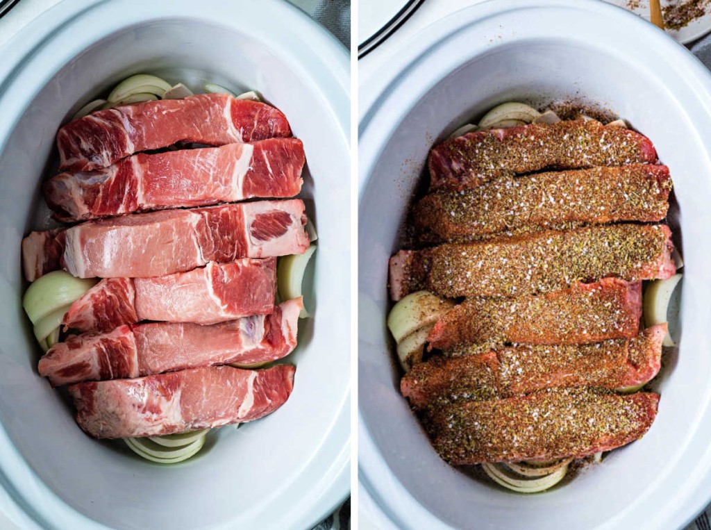 process steps for slow cooking country style ribs: layer onions and ribs in crockpot; sprinkle with spice rub.