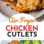 two air fryer chicken cutlets on a pewter plate with a meat fork.