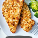 crispy air fryer chicken cutlets on a white plate.