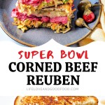 a corned beef reuben with coleslaw sandwich cut in half and stacked on a plate with a pick through the center.