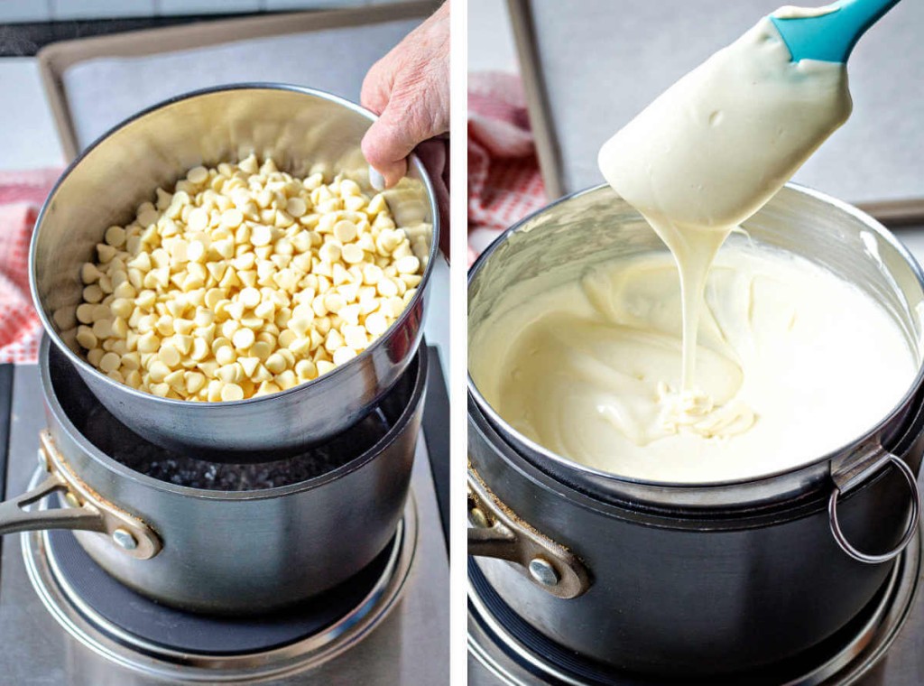 placing a bowl of white chocolate chips in a double boiler; stirring the melted chocolate until smooth.