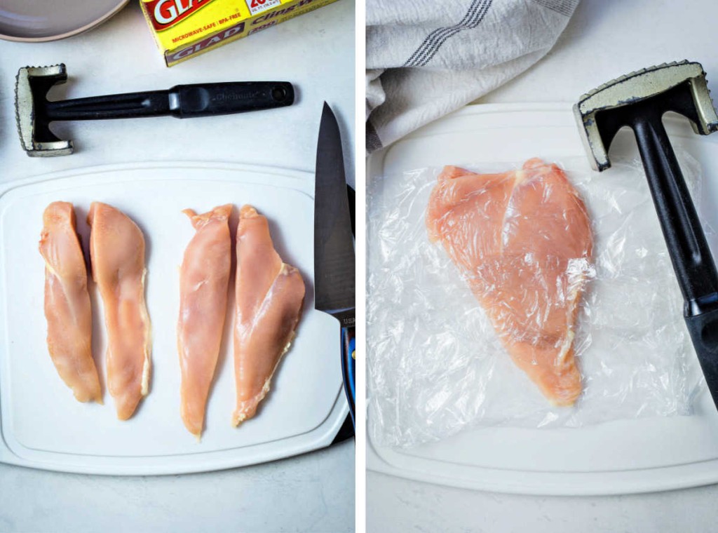 making chicken cutlets from boneless chicken breasts: cut in half; pound with a mallet to flatten.