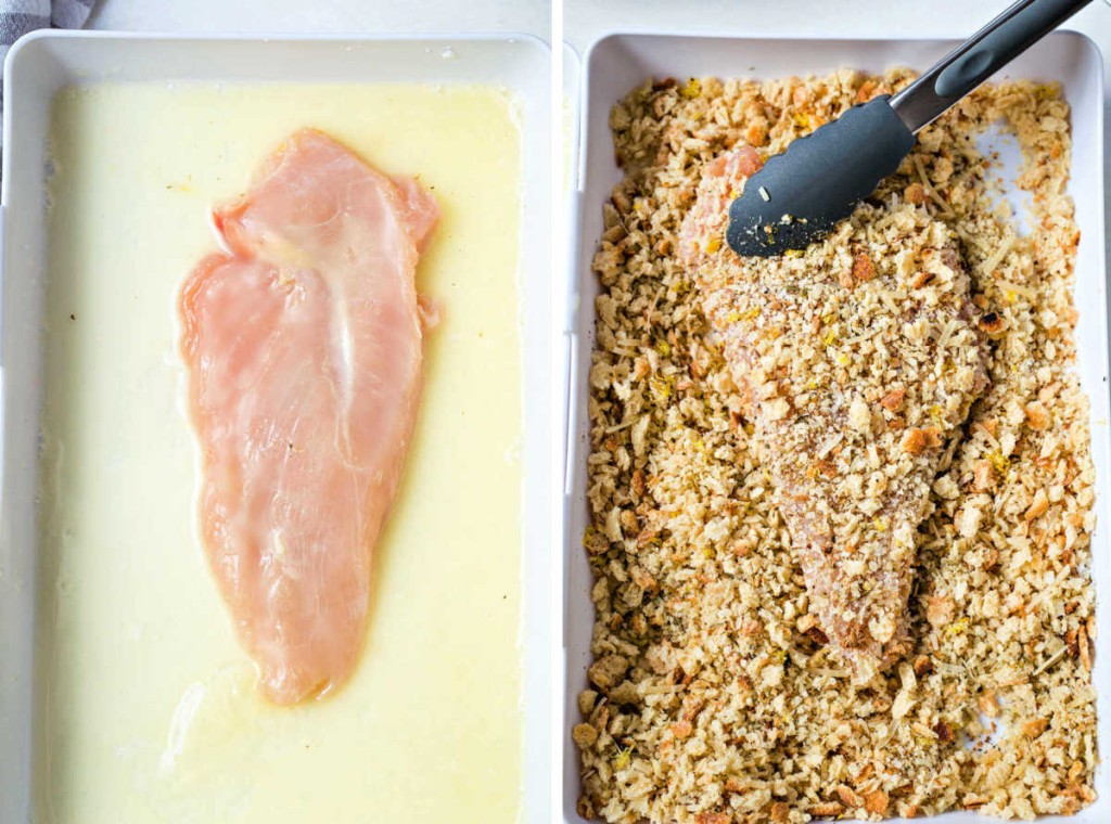 dipping chicken cutlets in egg mixture and dredging in seasoned bread crumbs.