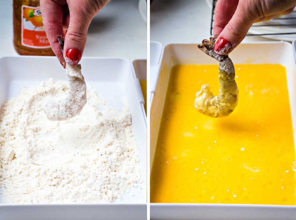 dipping shrimp in a bowl of flour; dipping shrimp in beaten eggs before dredging in breadcrumbs.