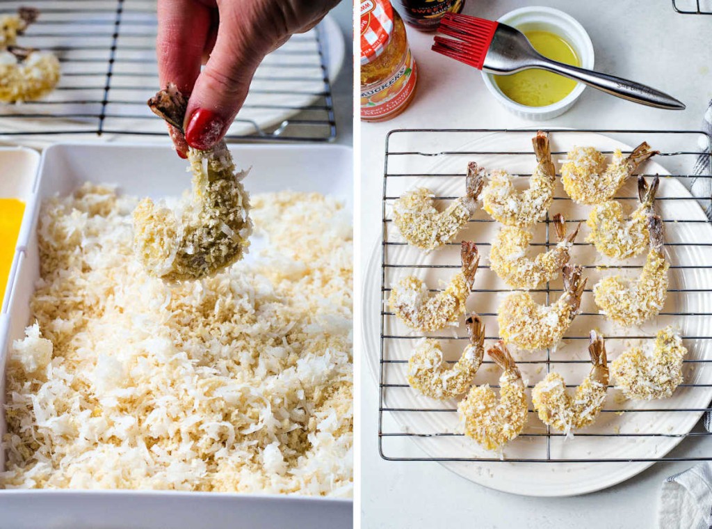 dredging shrimp in a panko coconut mixture; drying breaded shrimp on a wire rack.