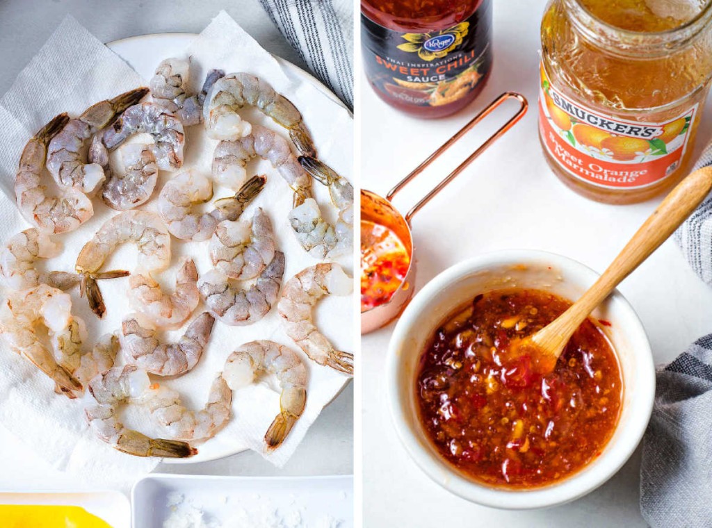 raw shrimp laying on paper towels; stirring together ingredients for shrimp dipping sauce.