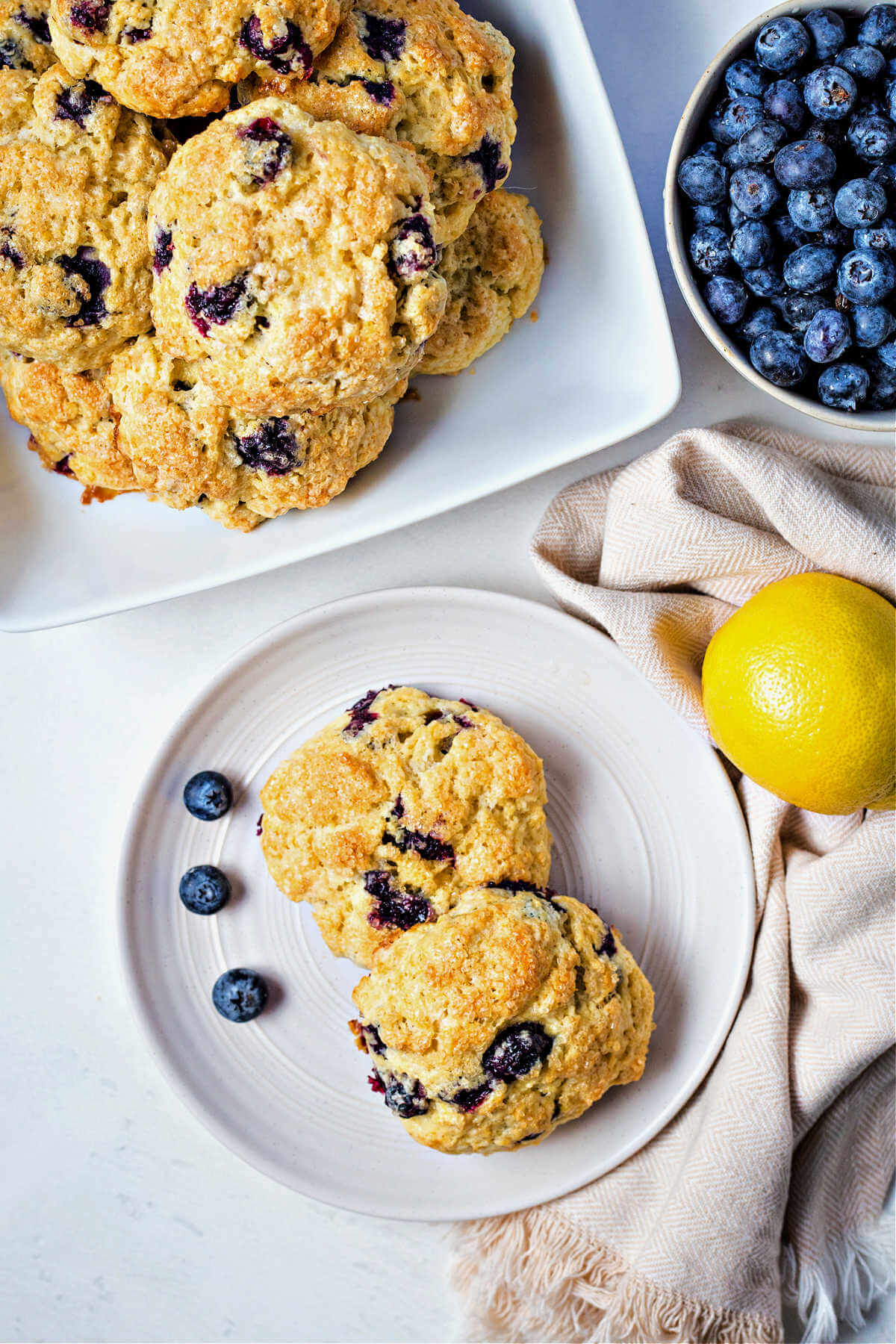 two blueberry scones on a plate with a bowl of blueberries and more scones in the background on a table.