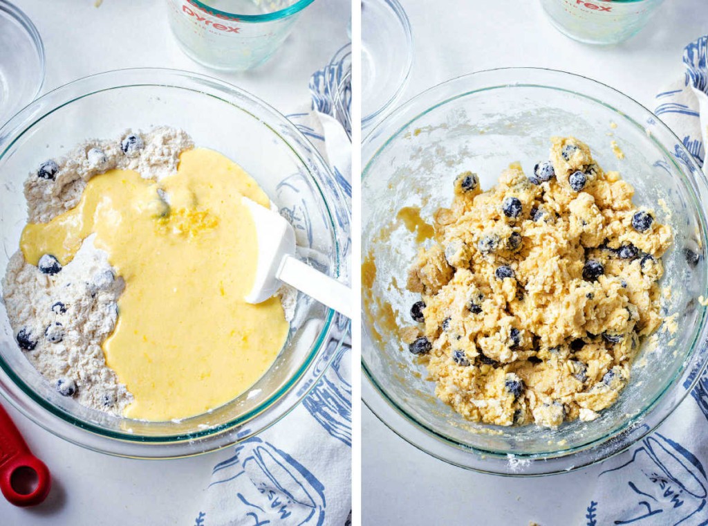 process steps for making blueberry scones: pour wet ingredients into bowl with dry ingredients.