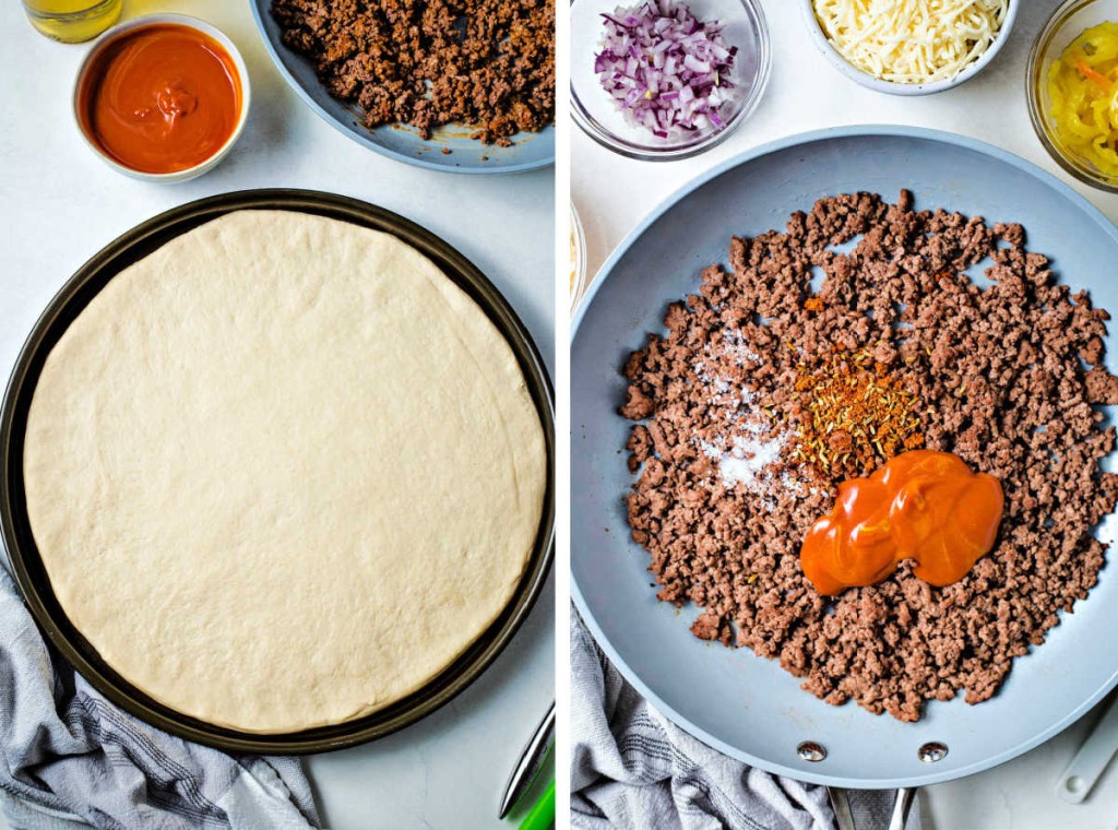pizza dough stretched in a pan; cooked ground beef with sauce for cheeseburger pizza in a skillet.